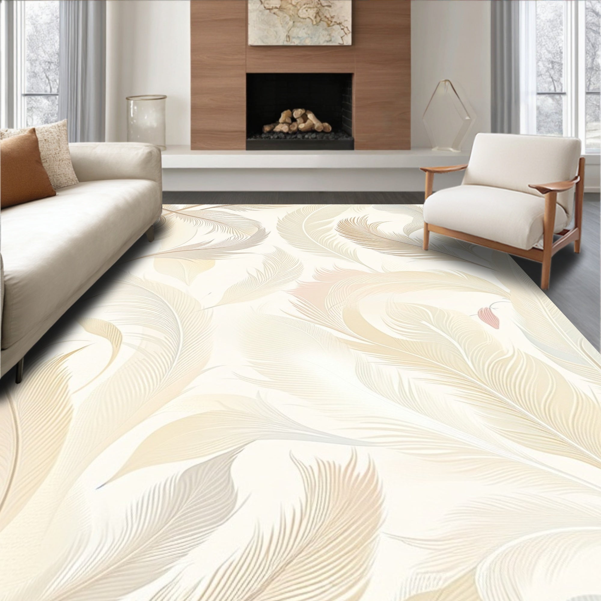Ethereal Feather Pattern with Golden Hues Rug