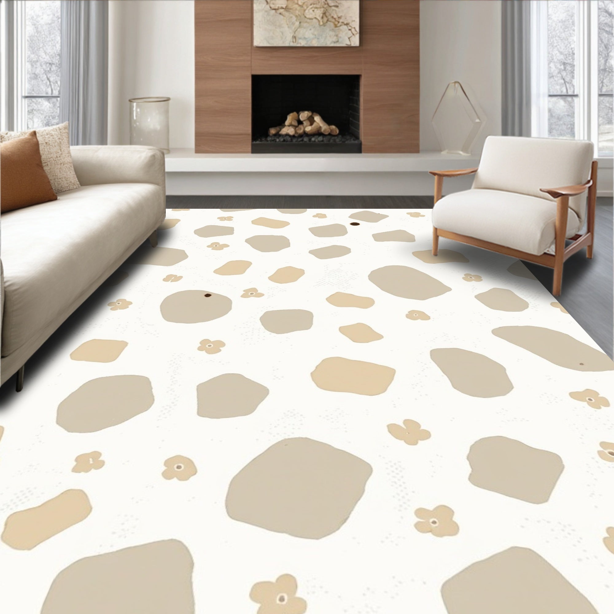 Neutral Terrazzo And Flower Pattern Rug