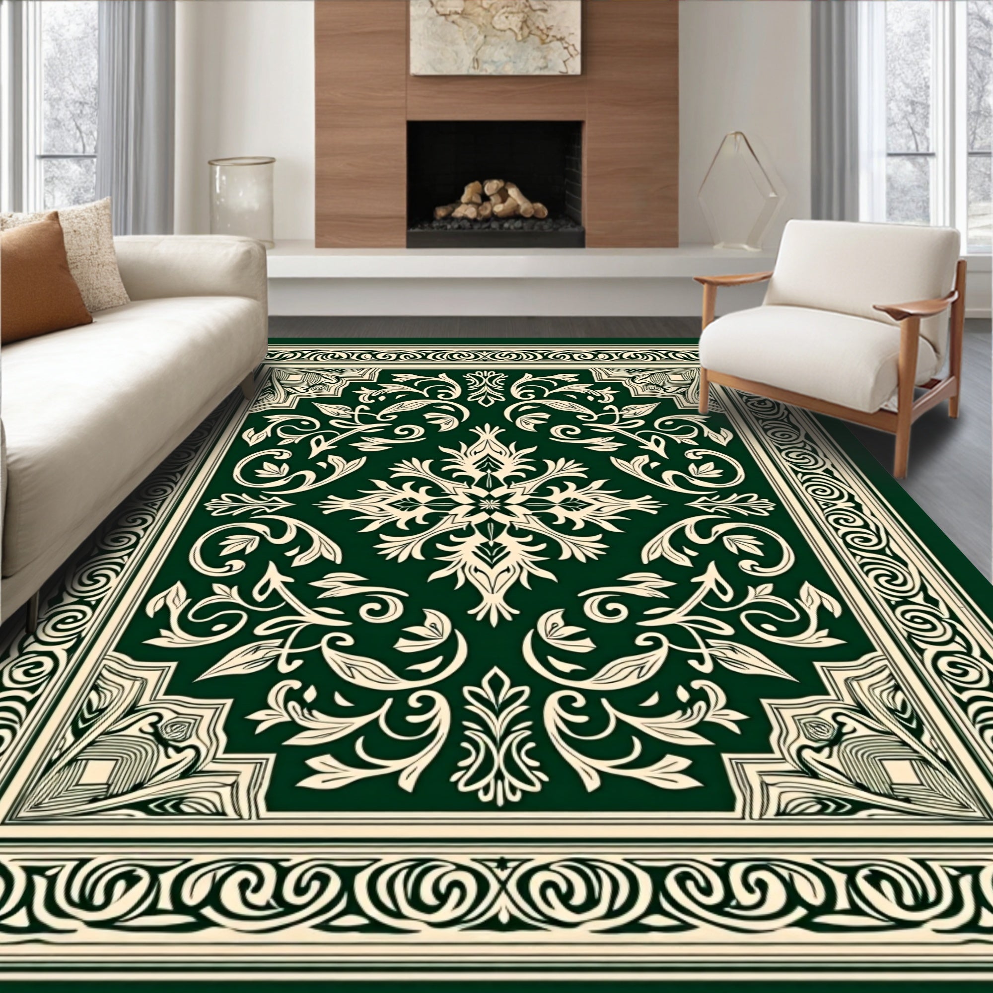 Emerald Ivory Floral Scroll Border Rug