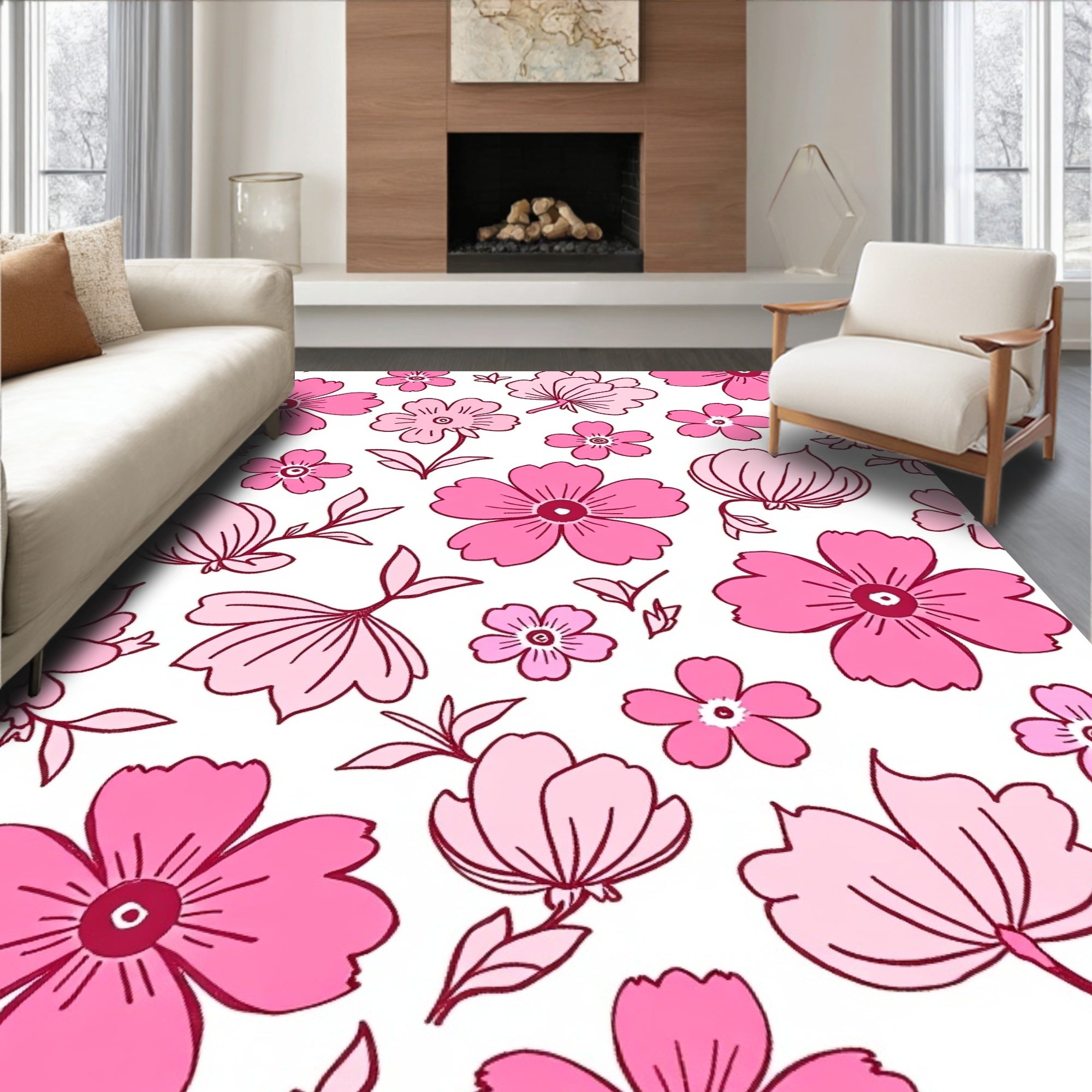 Pink Floral Pattern With Outline Accents Rug