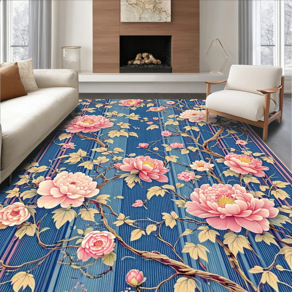 Pink Peony Floral Vine Pattern Rug