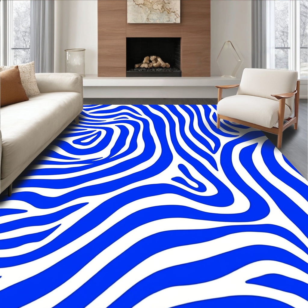 Bold Blue Zebra-Striped Design Rug