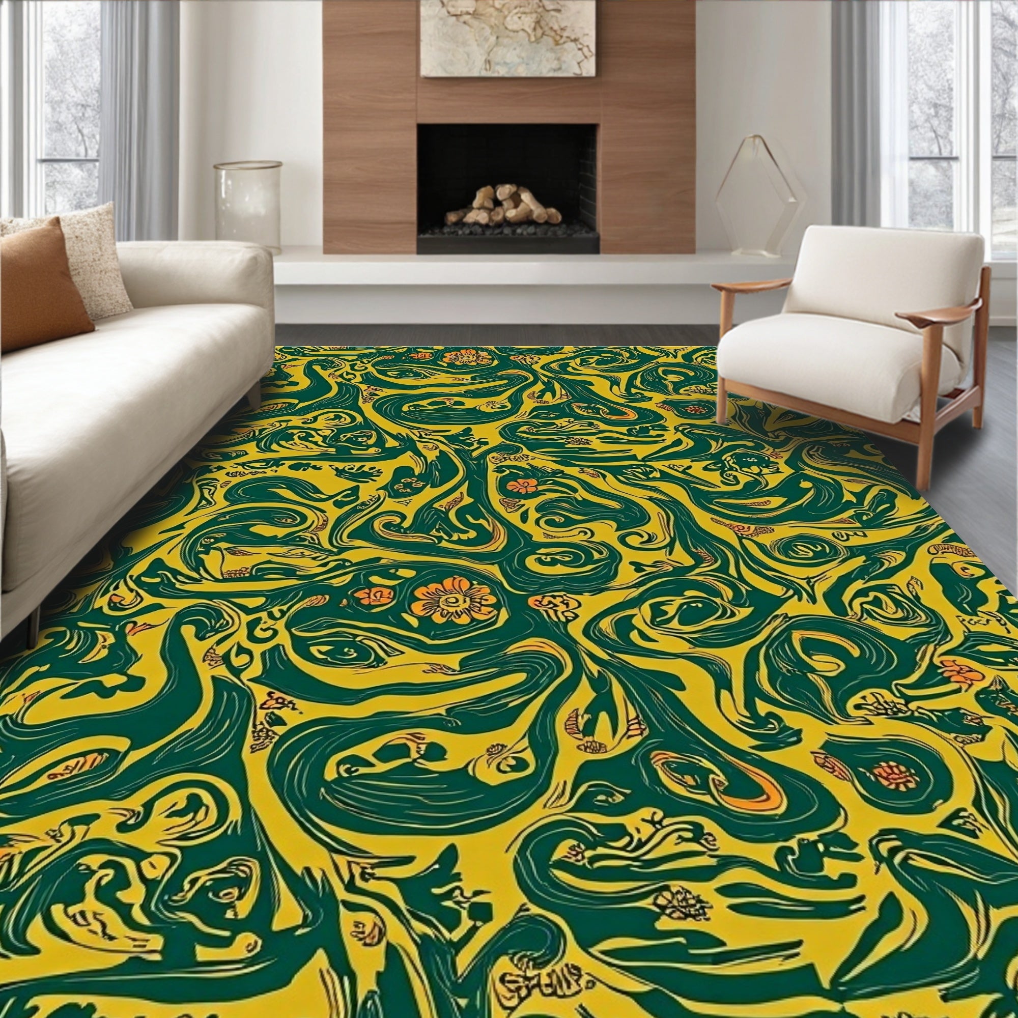 Yellow Green Abstract Swirl Pattern Rug
