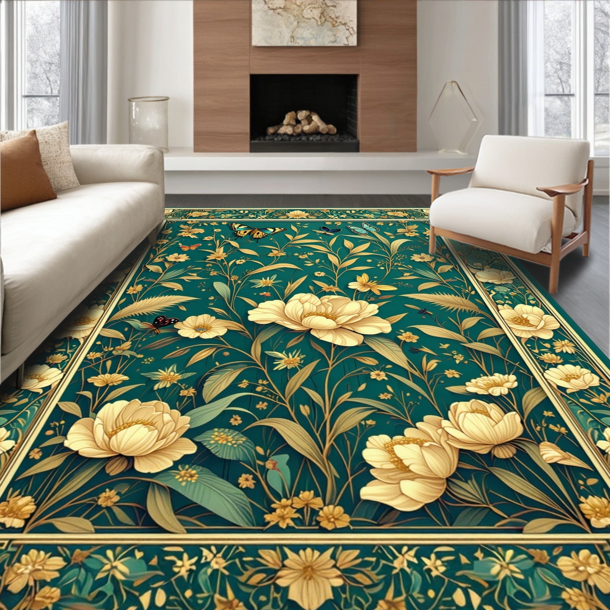 Elegant Teal Floral Butterfly Meadow Rug