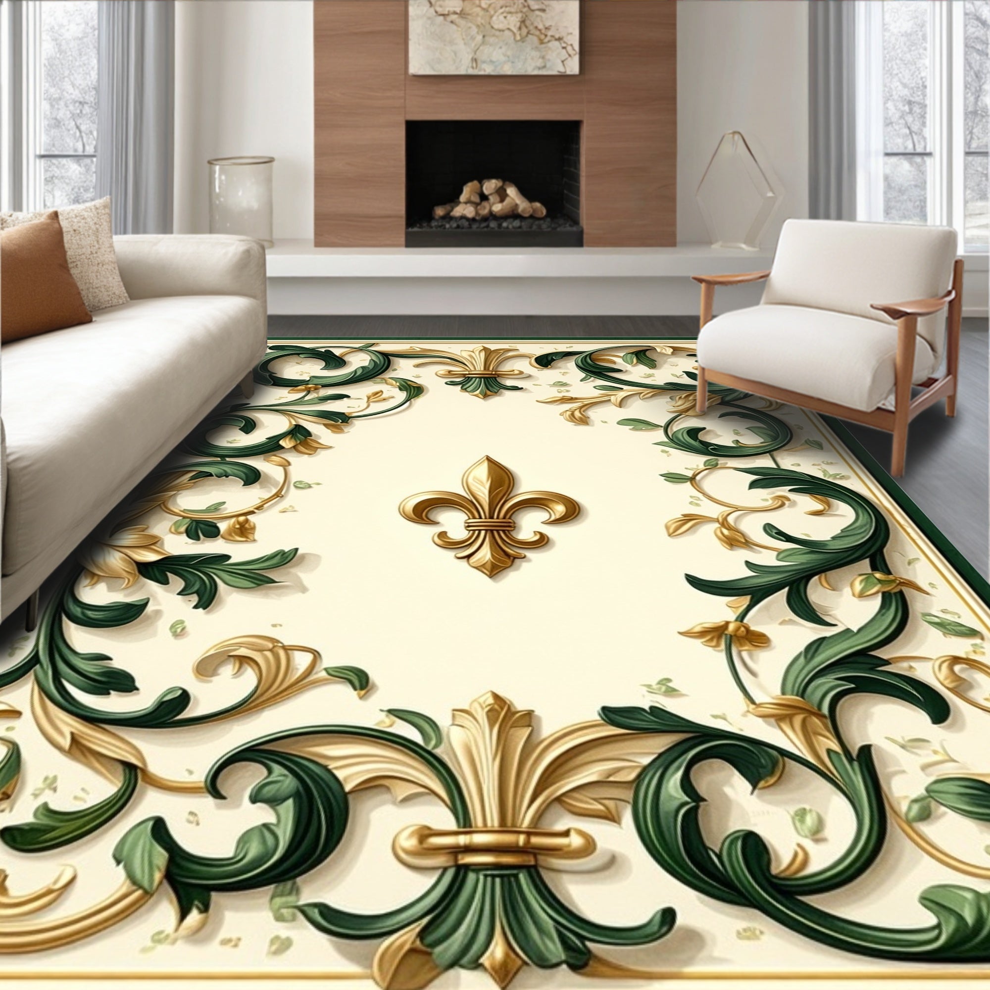 Regal Gold Green Fleur-de-lis Design Rug