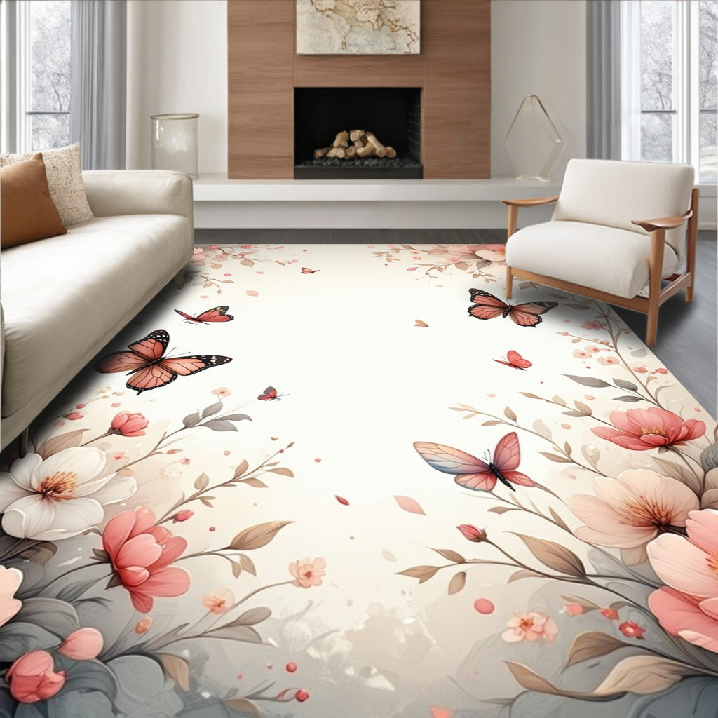 Delicate Floral Butterfly Garden Design Rug