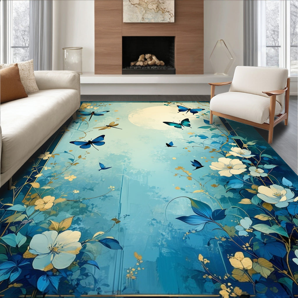 Blue Floral Butterfly Dragonfly Garden Print Rug