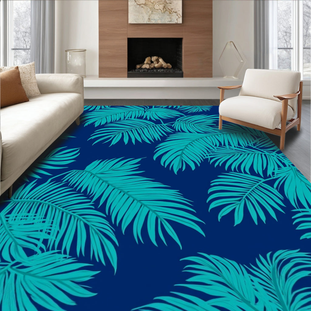 Tropical Teal Leaf Pattern Rug