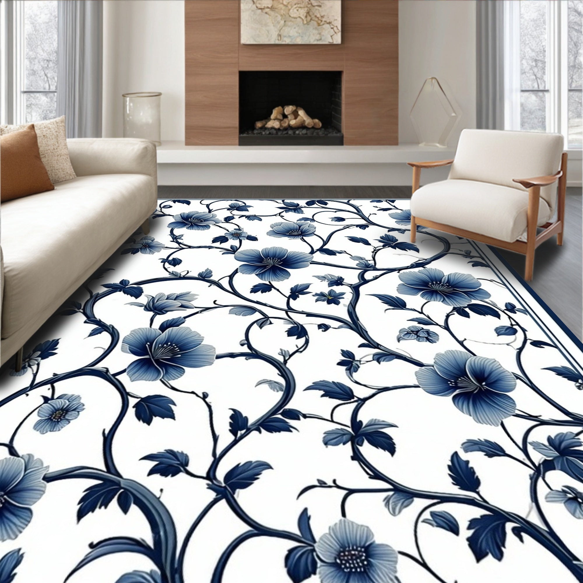 Blue Botanical Vine Floral Pattern Rug