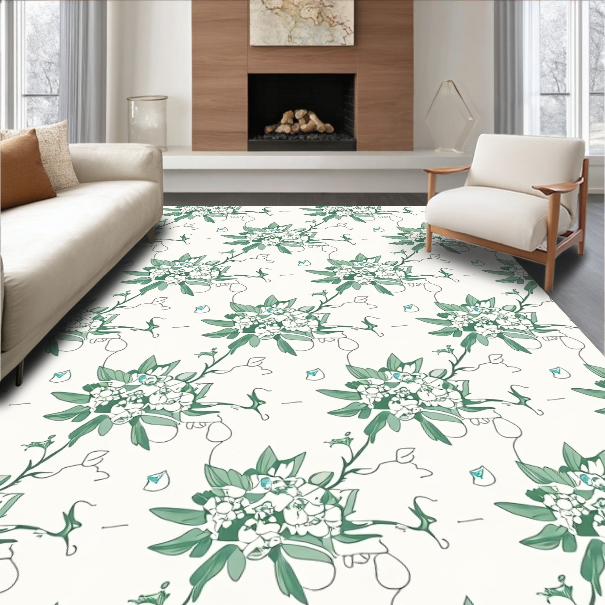 Delicate Floral Vines Botanical Design Rug