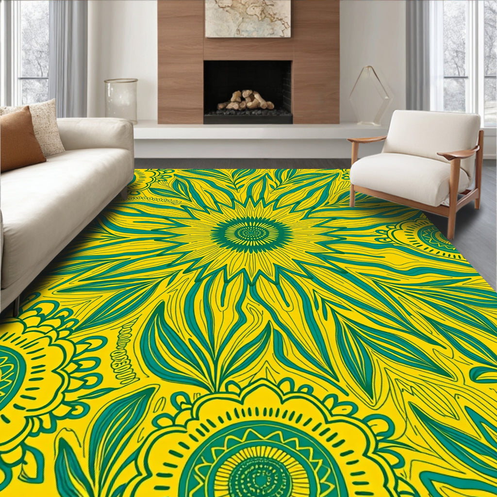 Bold Teal Yellow Floral Pattern Rug