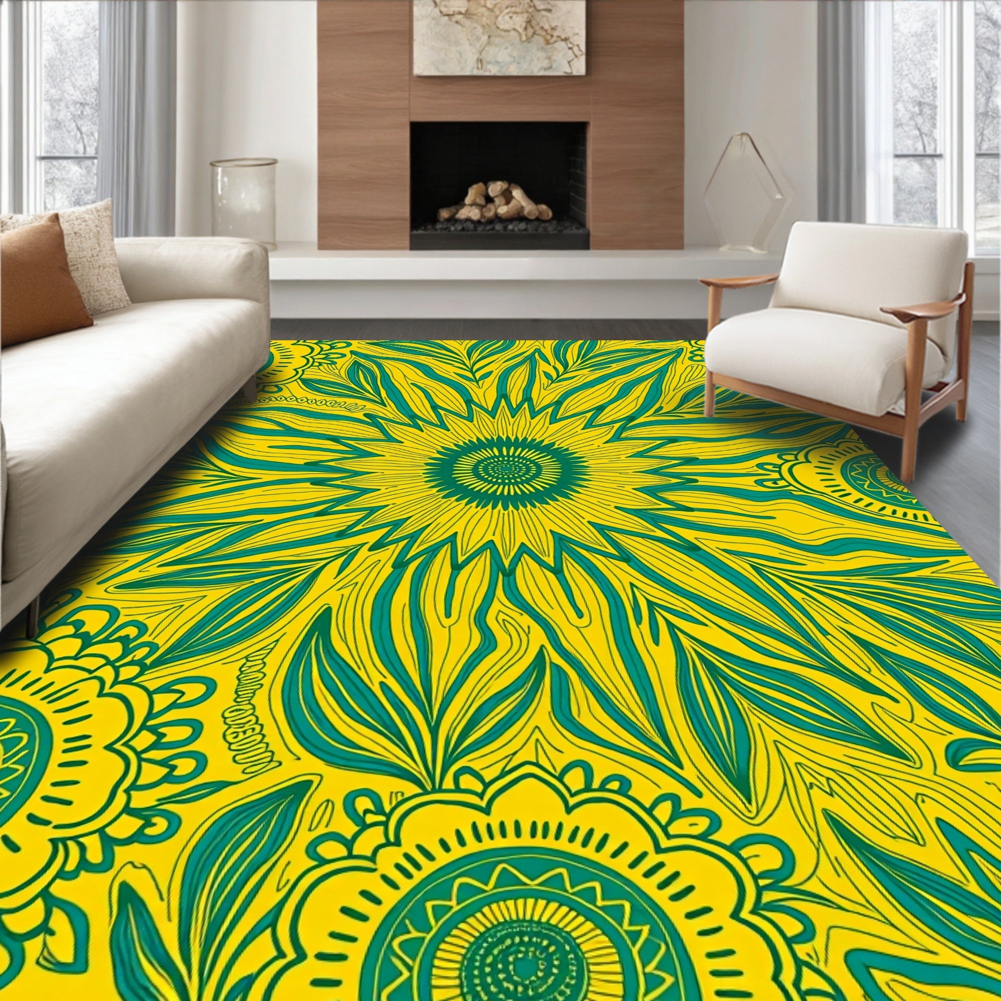 Bold Teal Yellow Floral Pattern Rug