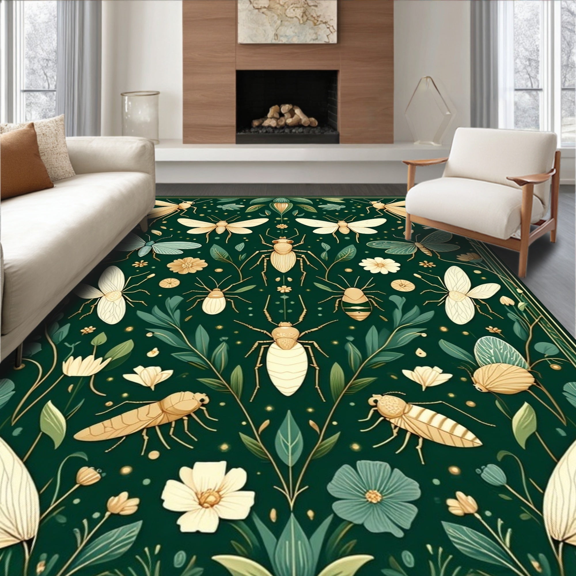 Green Insect Botanical Floral Design Rug