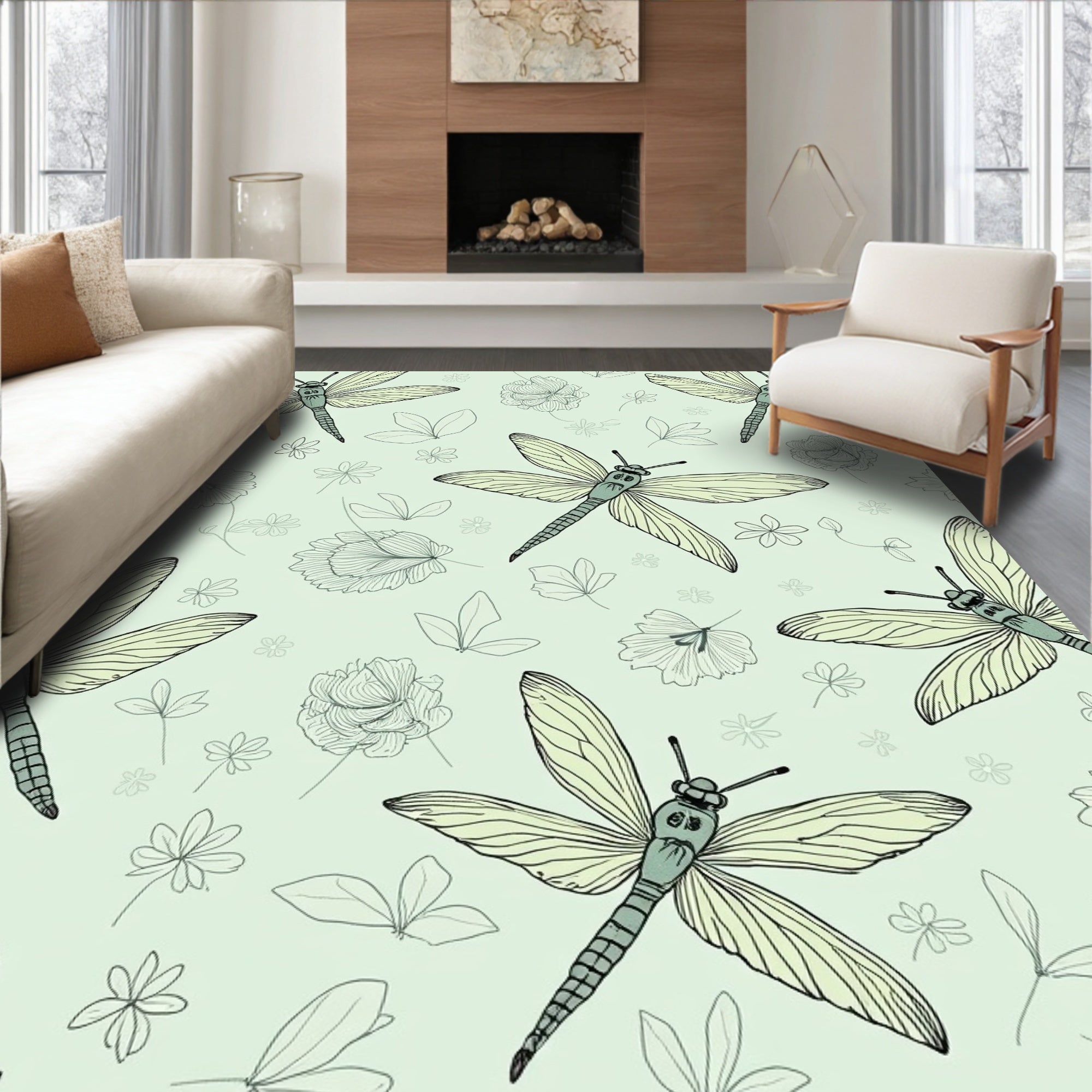 Fanciful Dragonflies and Flowers Pattern Rug