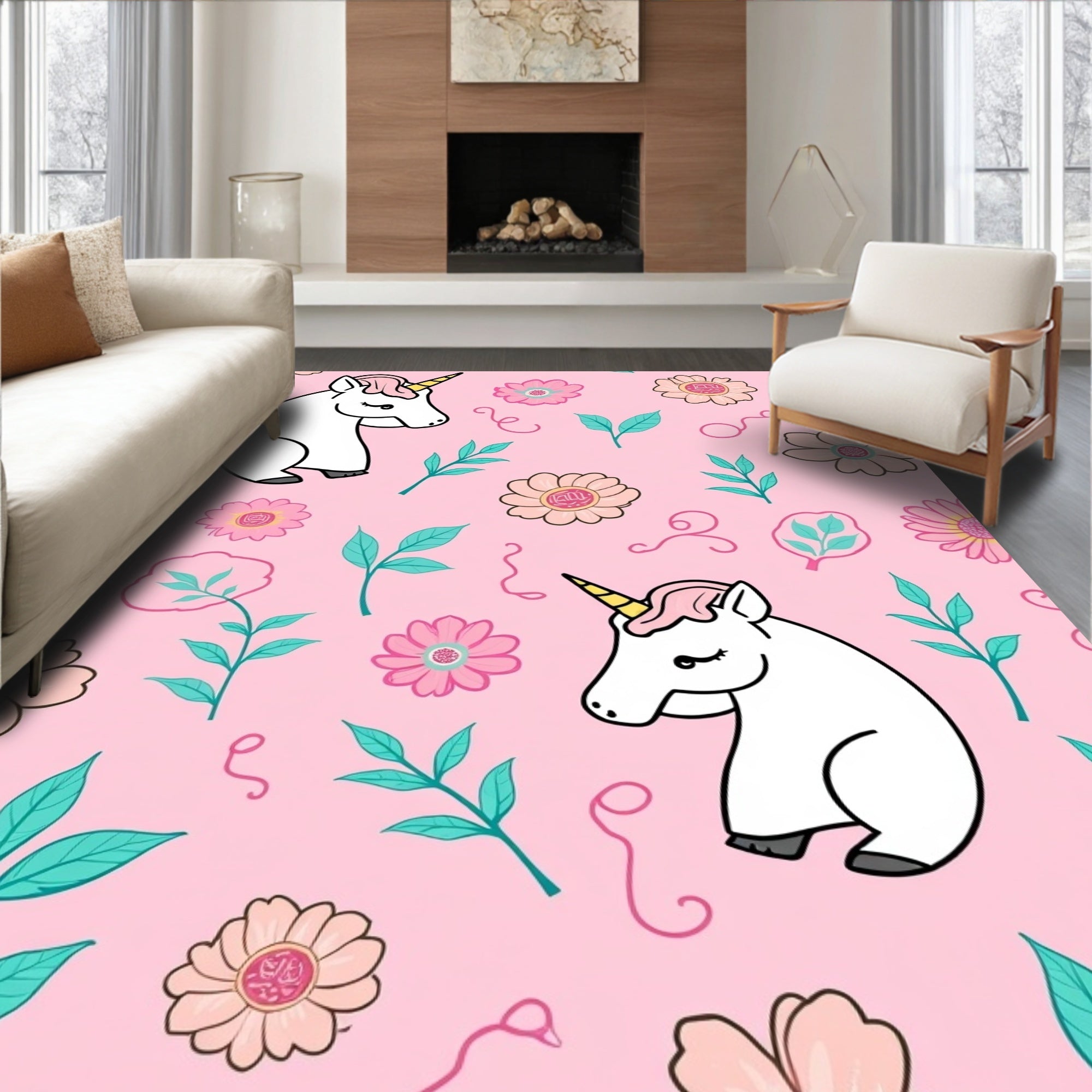 Cute Unicorn Floral Pattern Rug