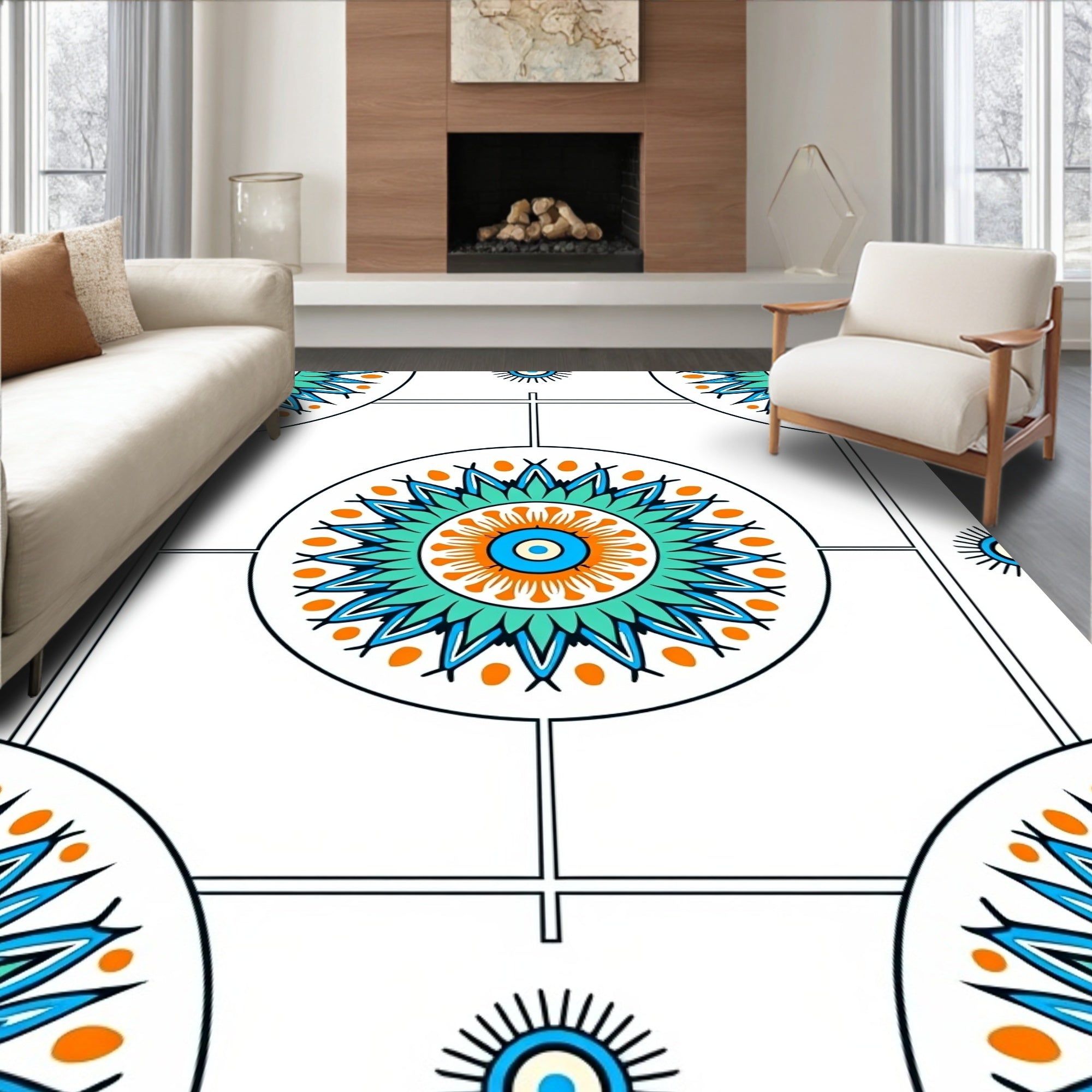 Vibrant Orange Teal Blue Mandala Rug