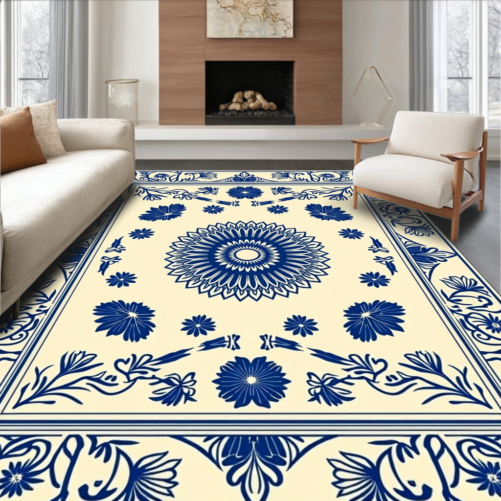 Classic Blue Floral Mandala Pattern Rug