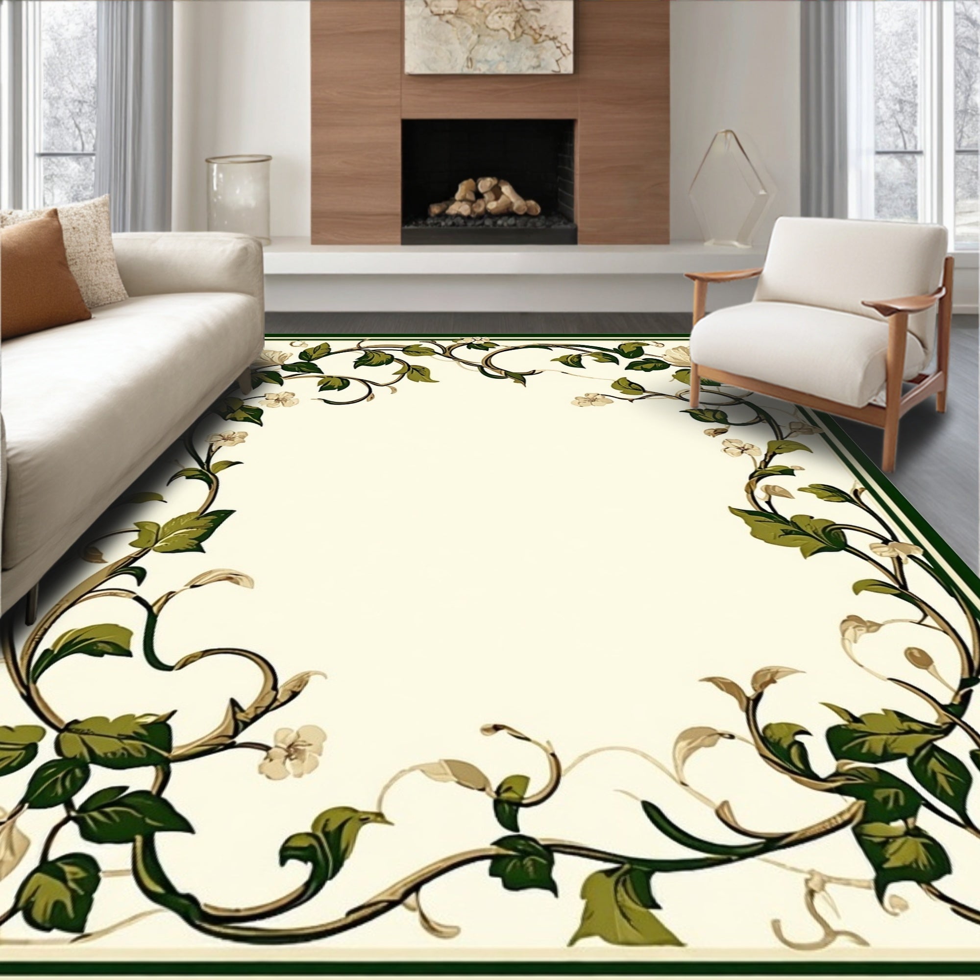 Vine Leaf Border Floral Design Rug