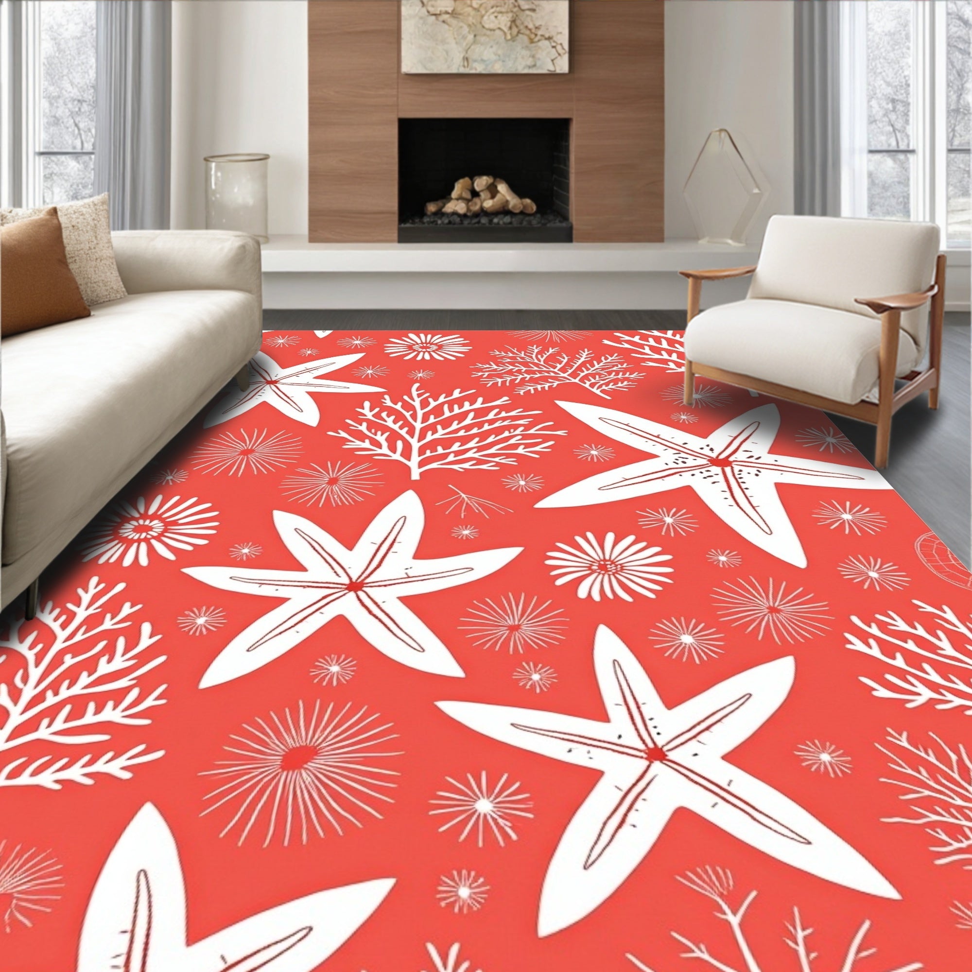 Coral White Starfish And Marine Life Design Rug