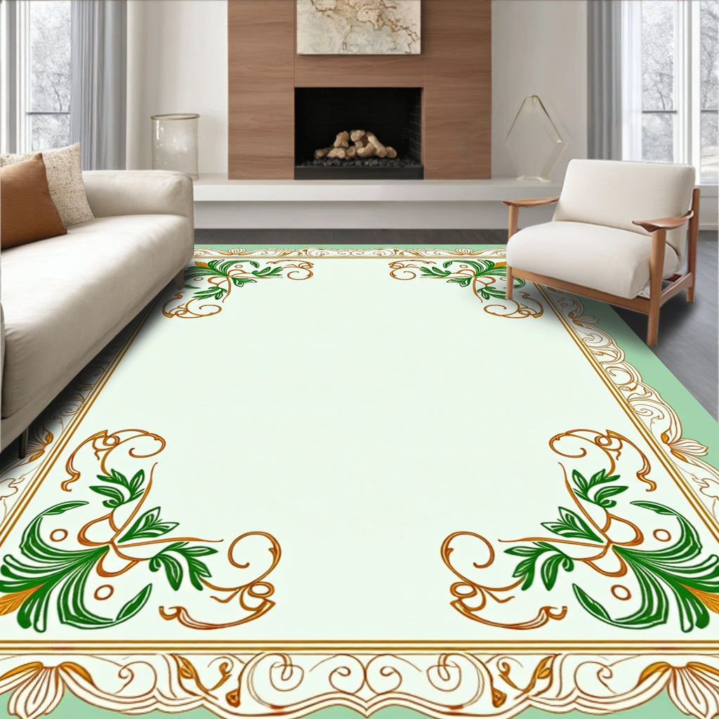 Elegant Green and Gold Floral Frame Rug