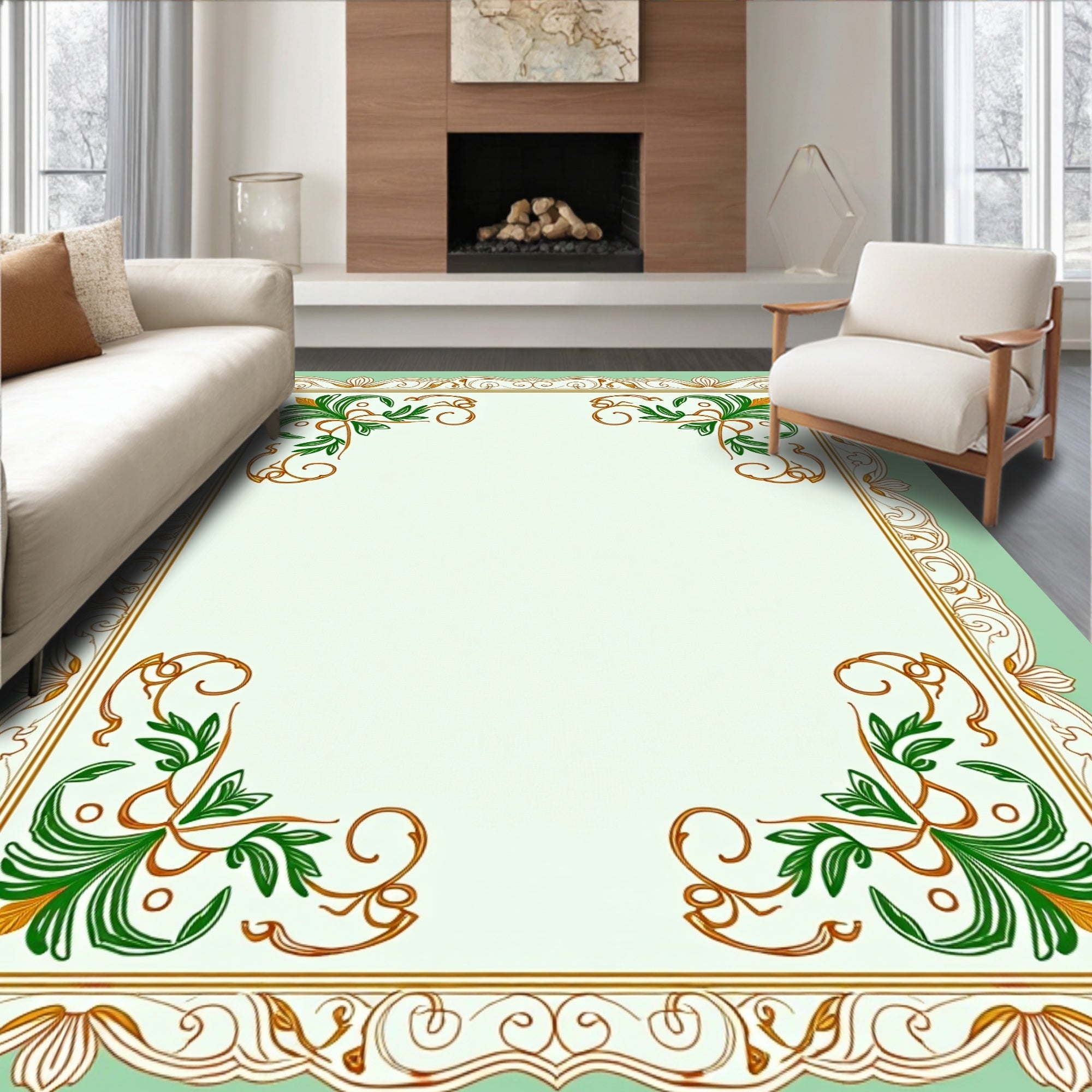 Elegant Green and Gold Floral Frame Rug
