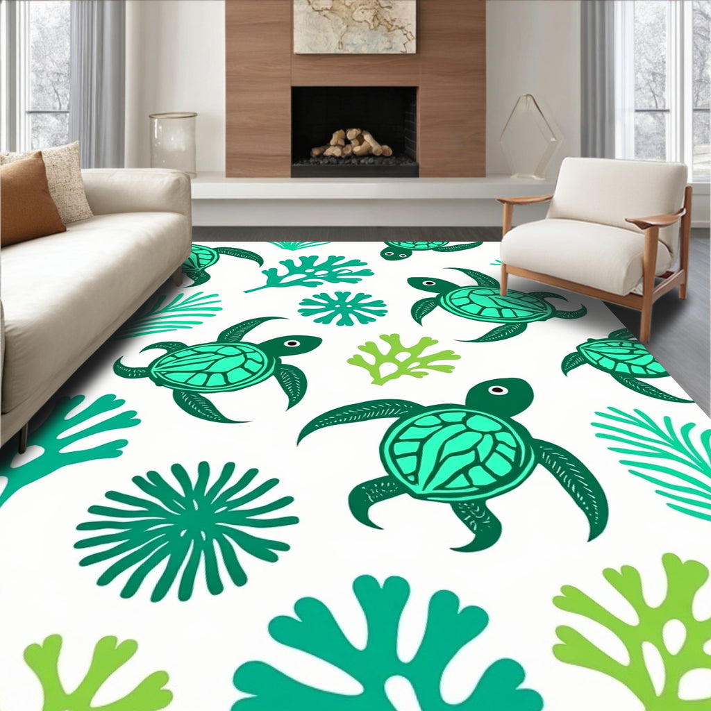 Green Turtle Sea Coral Pattern Rug
