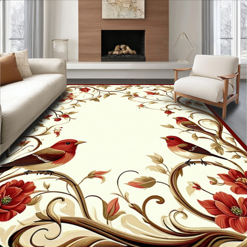 Vibrant Floral Birds Serene Pattern Rug