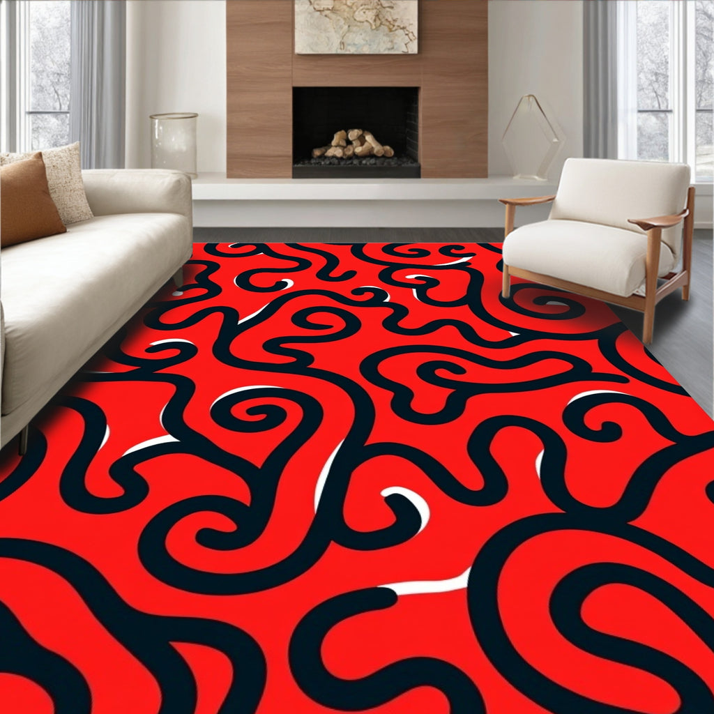 Bold Red Swirl Abstract Curvy Rug