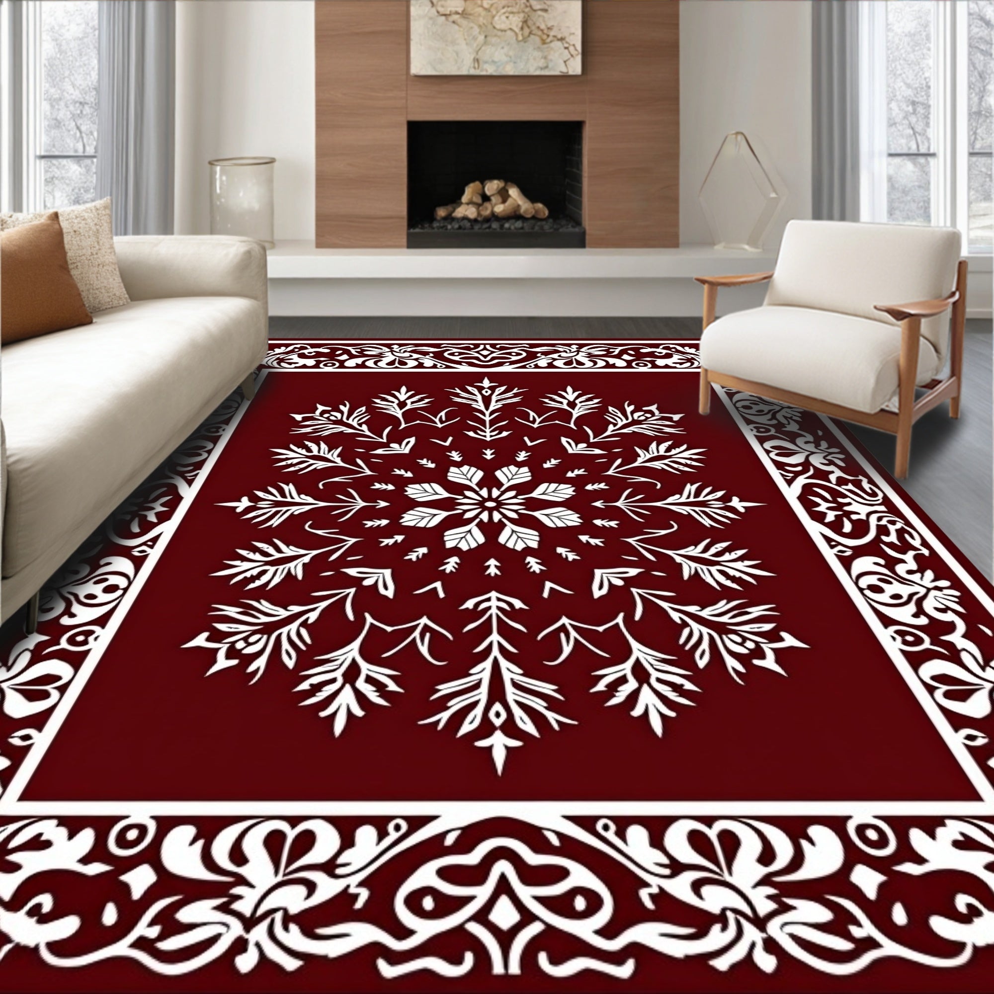 Crimson White Ornate Medallion Frame Rug