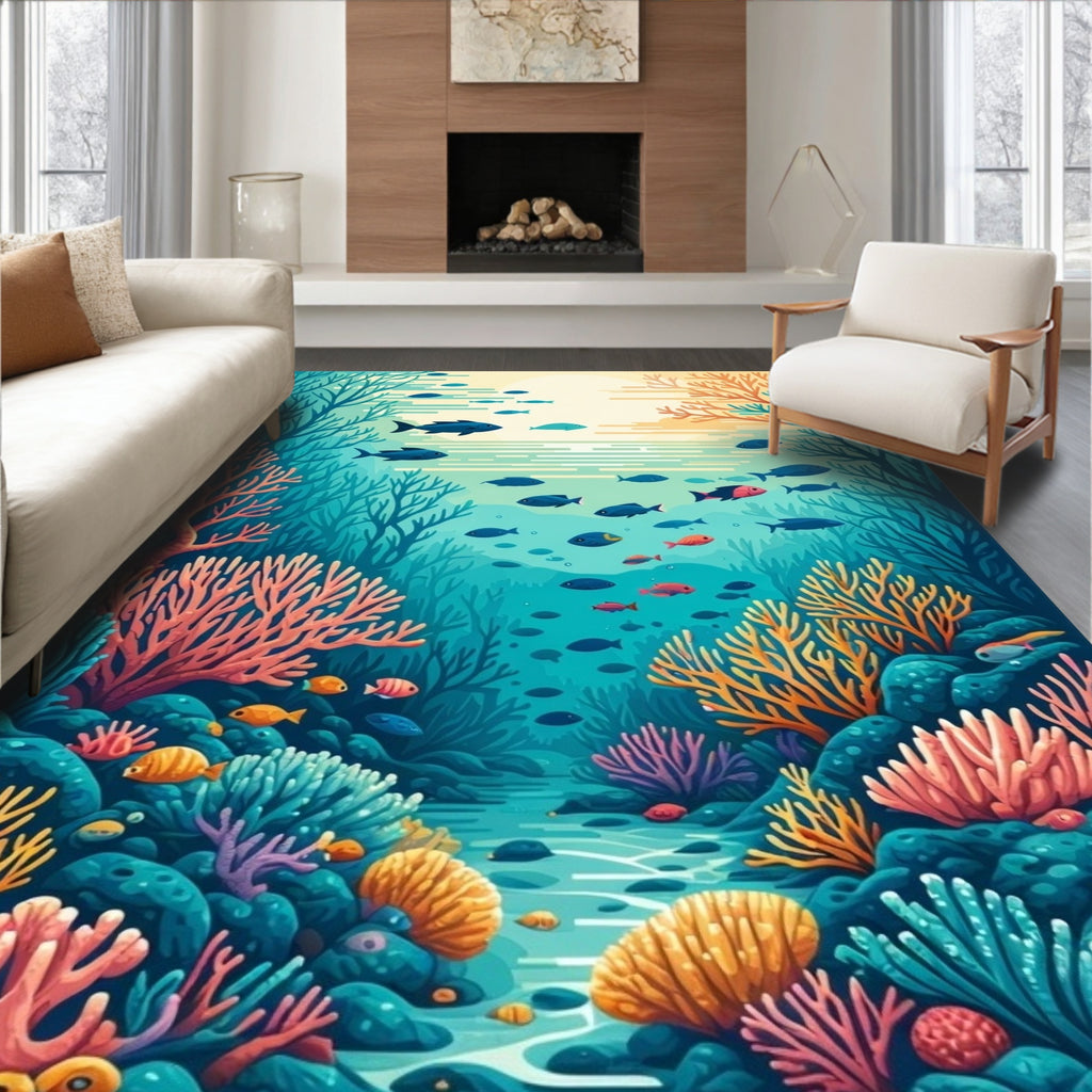 Ocean Depths Vibrant Coral Fish Scene Rug
