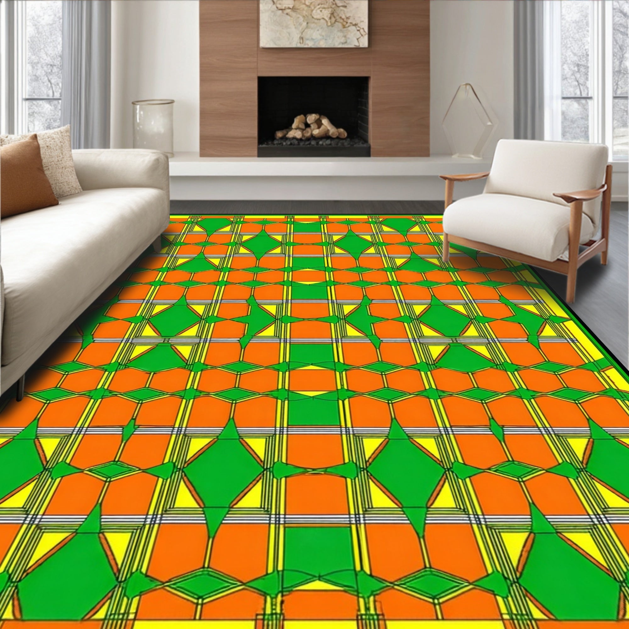 Bold Green Orange Diamond Pattern Rug