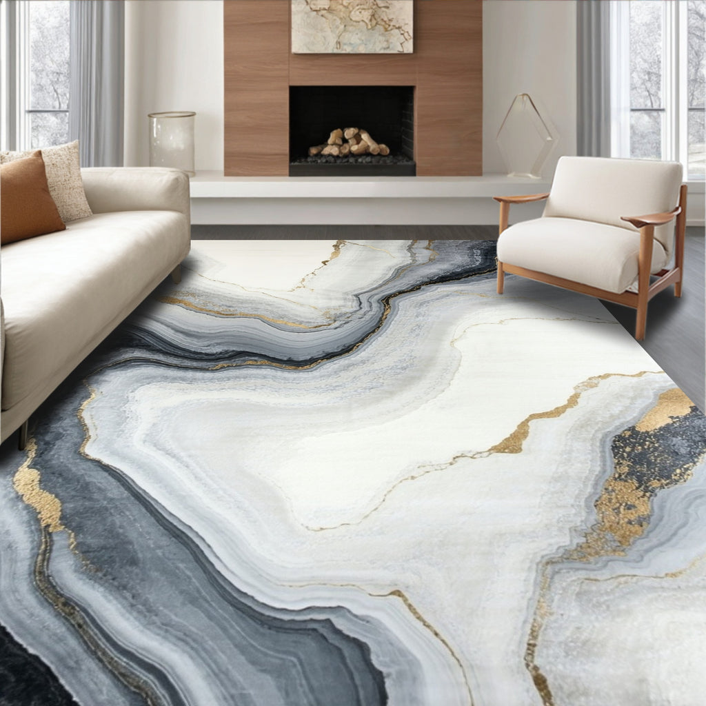 Abstract Gold Veined Marble Pattern Rug