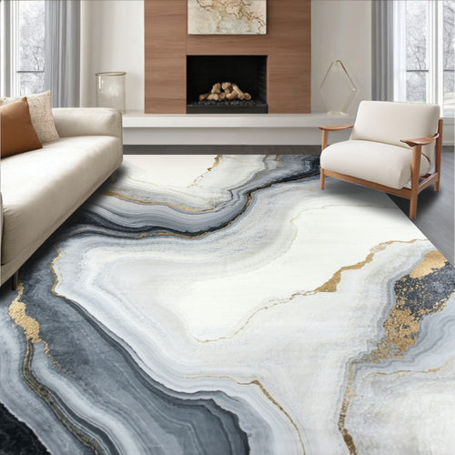 Abstract Gold Veined Marble Pattern Rug