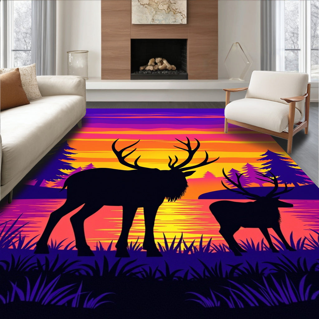 Vibrant Sunset Elk Landscape Design Rug