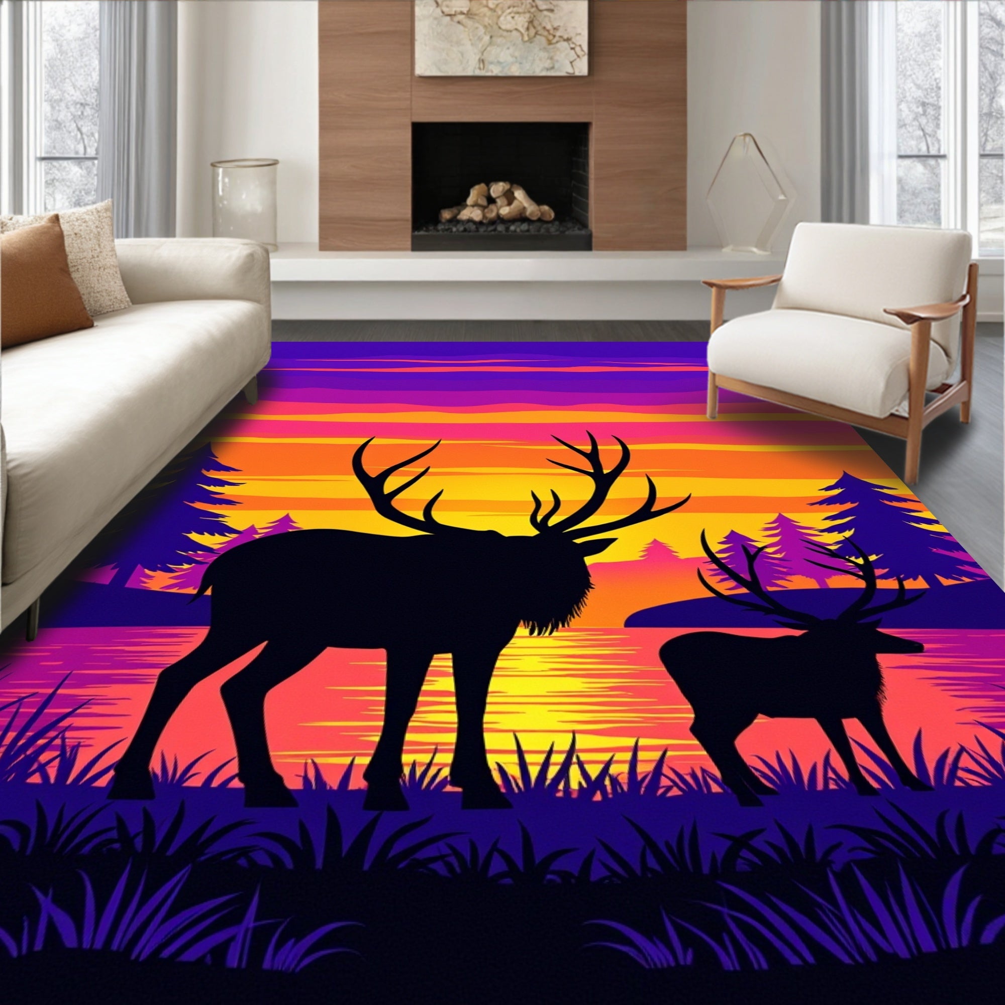 Vibrant Sunset Elk Landscape Design Rug