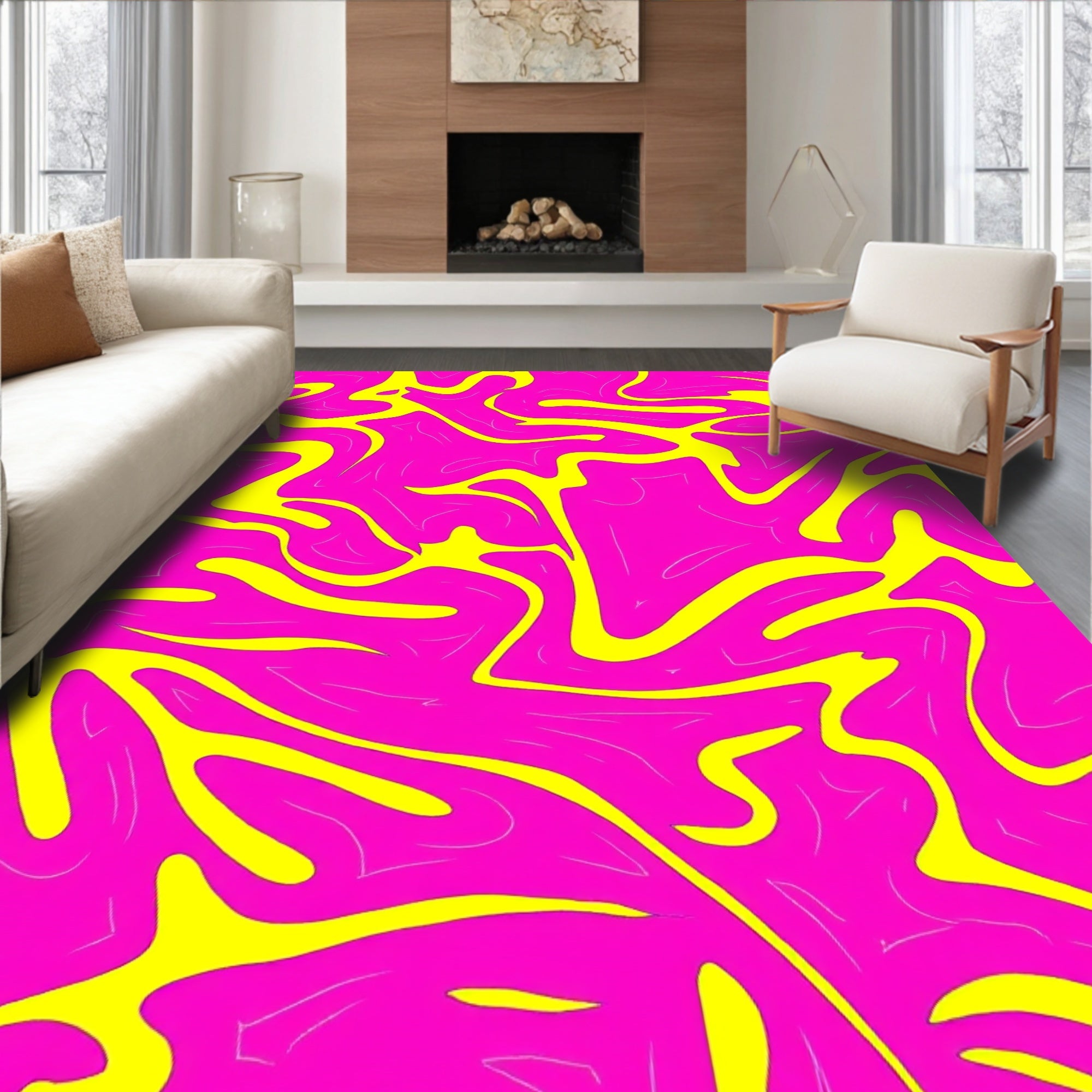 Vibrant Pink Yellow Swirl Pattern Rug