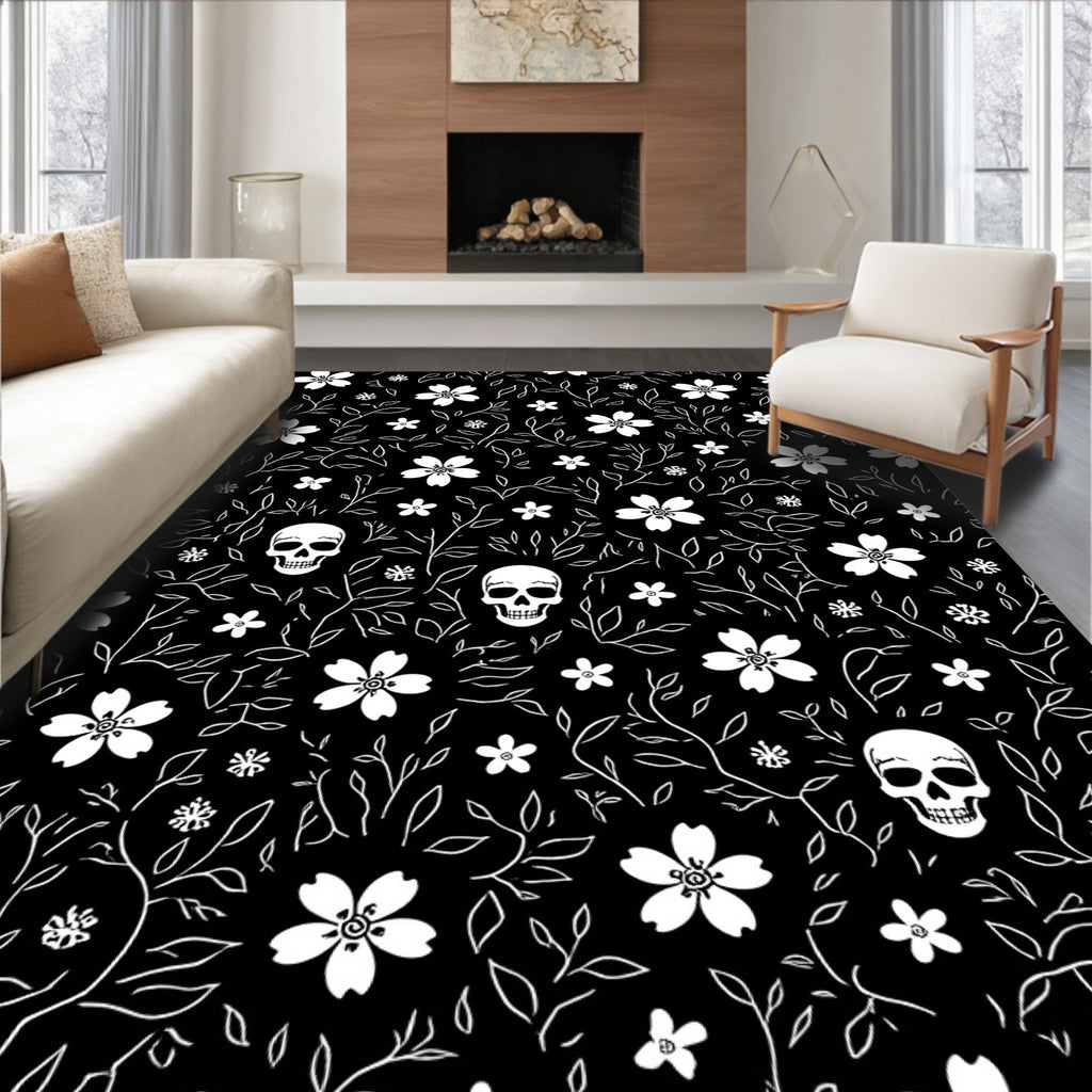 Dark White Skull Floral Vines Rug