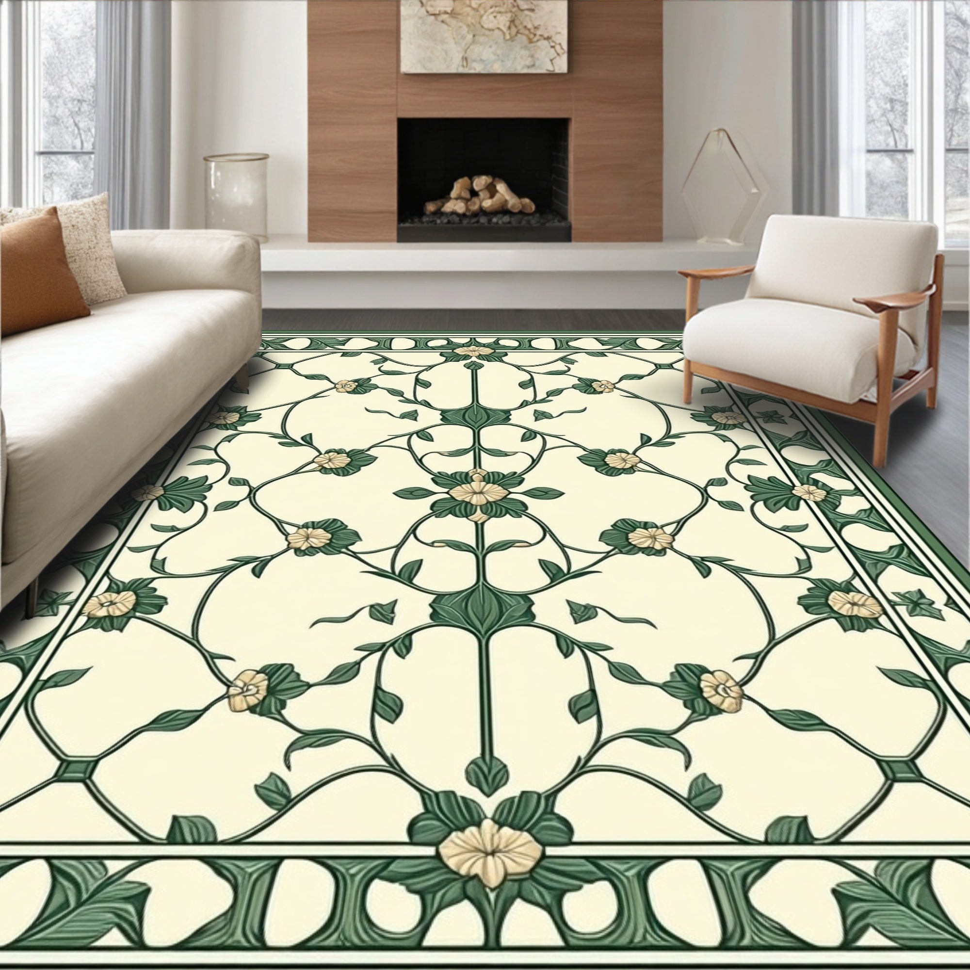 Elegant Green Floral Scrollwork Rug