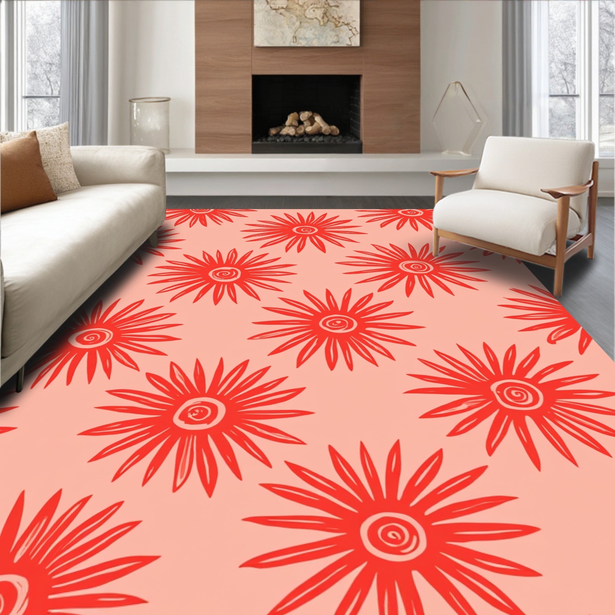 Red Sunburst Floral Pattern Rug