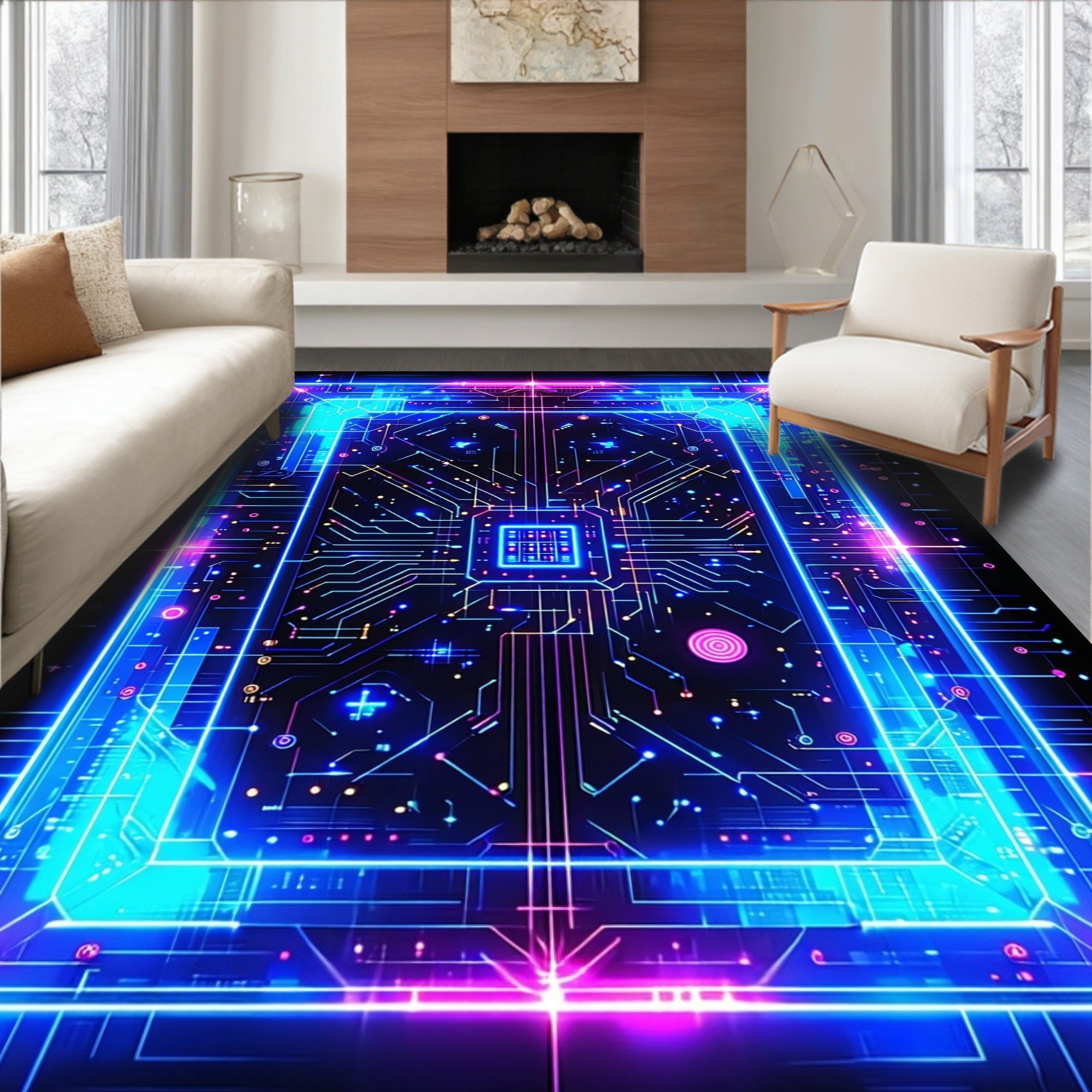 Futuristic Circuit Board Neon Design Rug