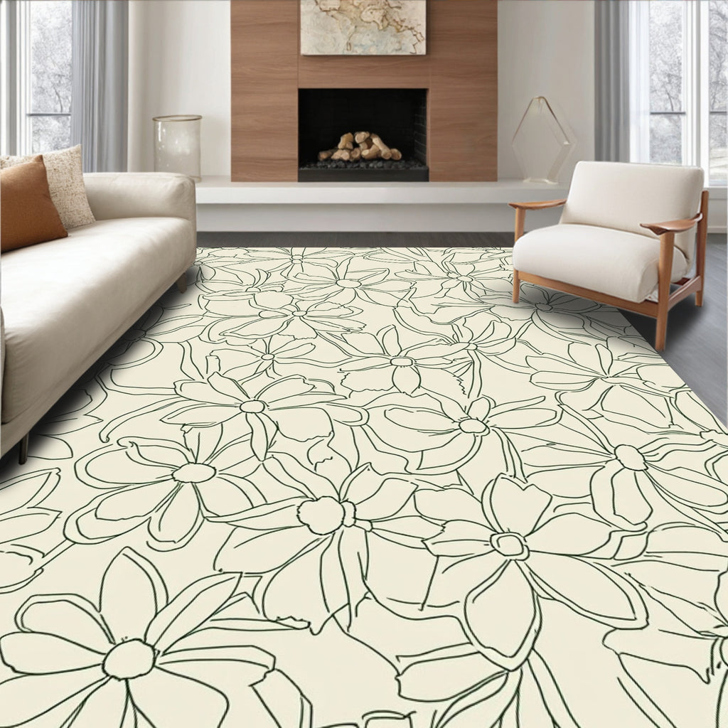 Outline Floral Pattern on Cream Rug