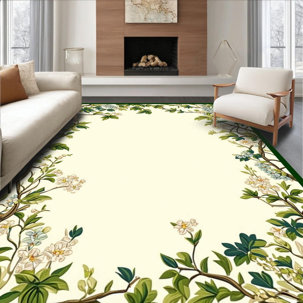 Vine Floral Patterned Beige Rug
