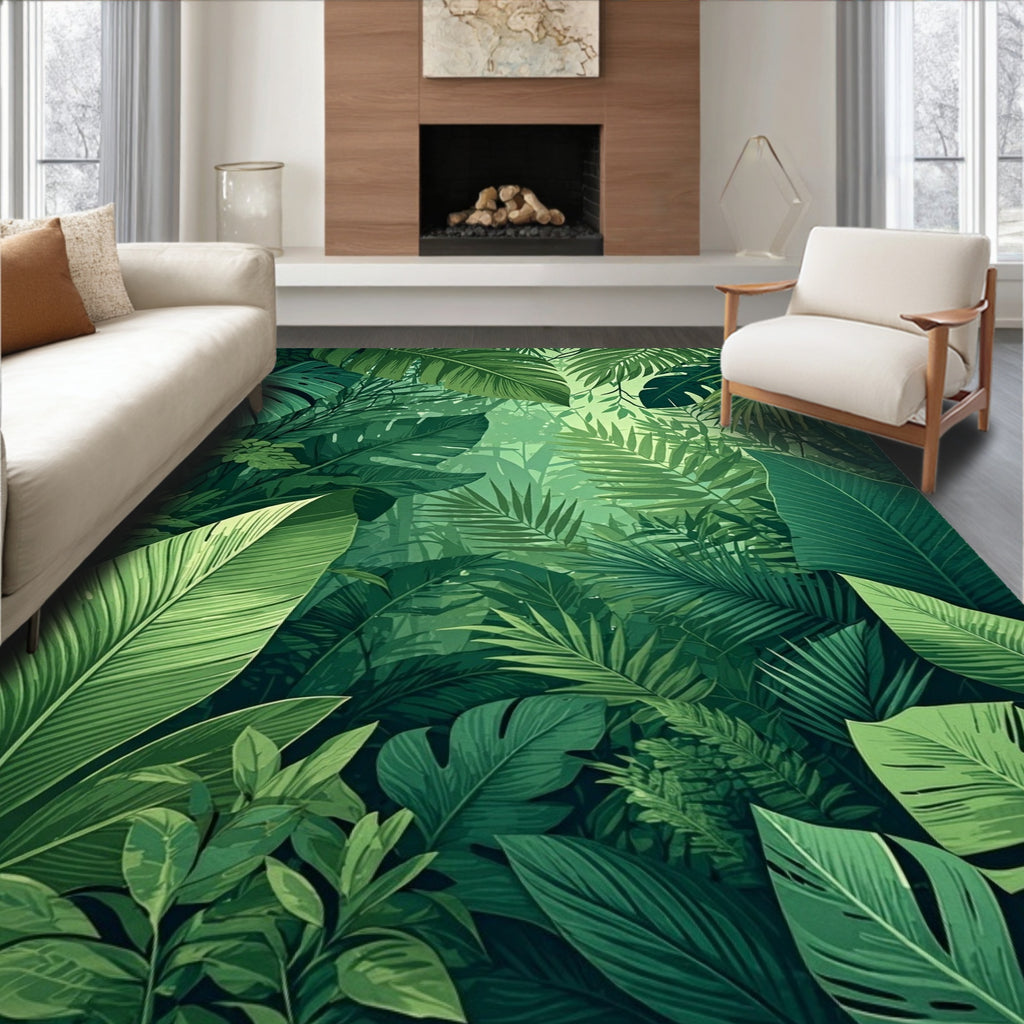 Lush Green Tropical Jungle Leaves Rug