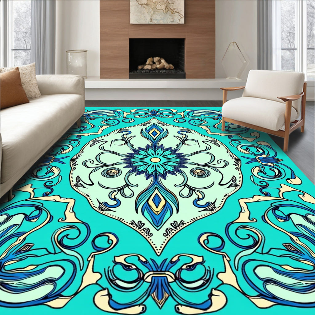 Art Nouveau Teal Floral Swirls Rug