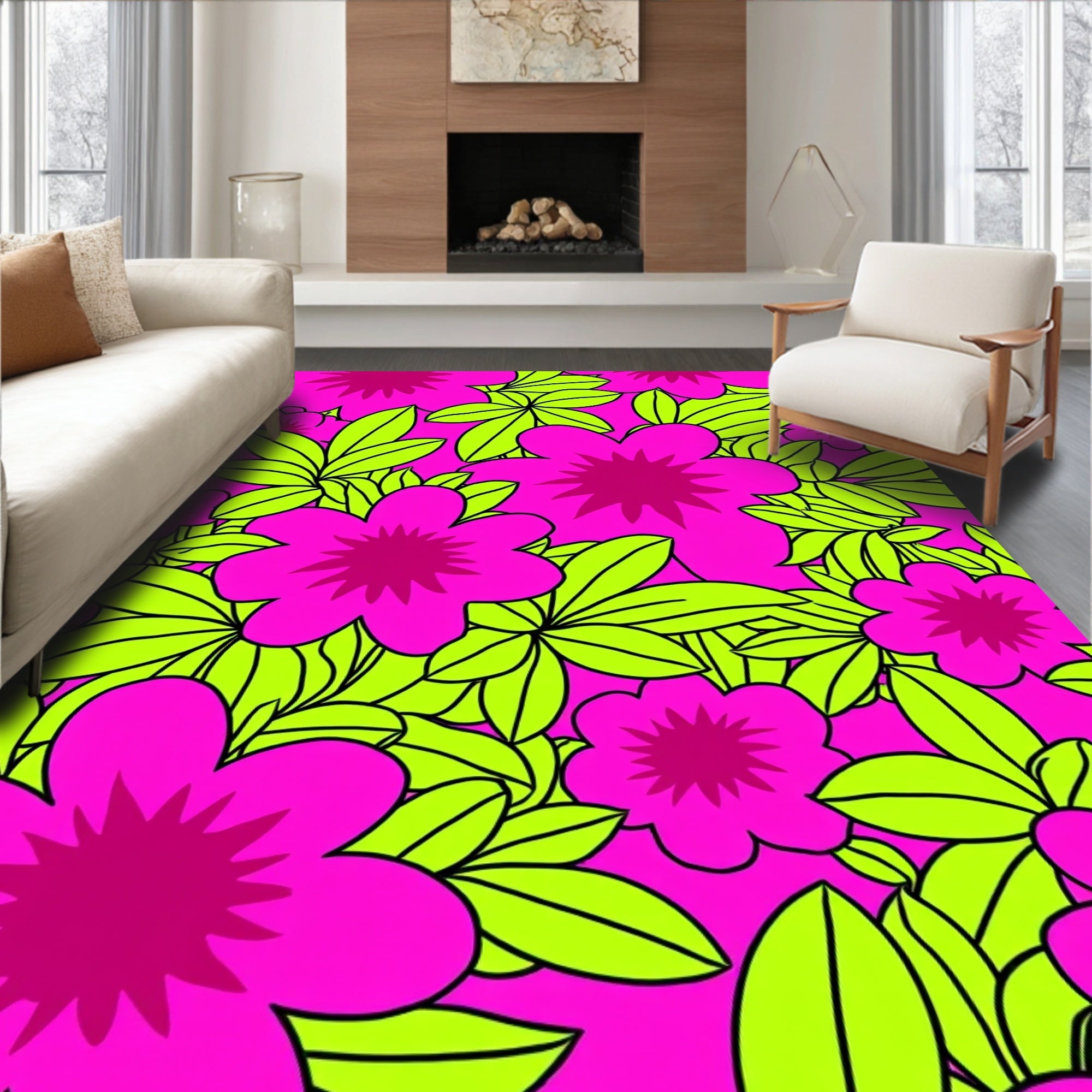Bold Floral Pattern Pink And Lime Rug