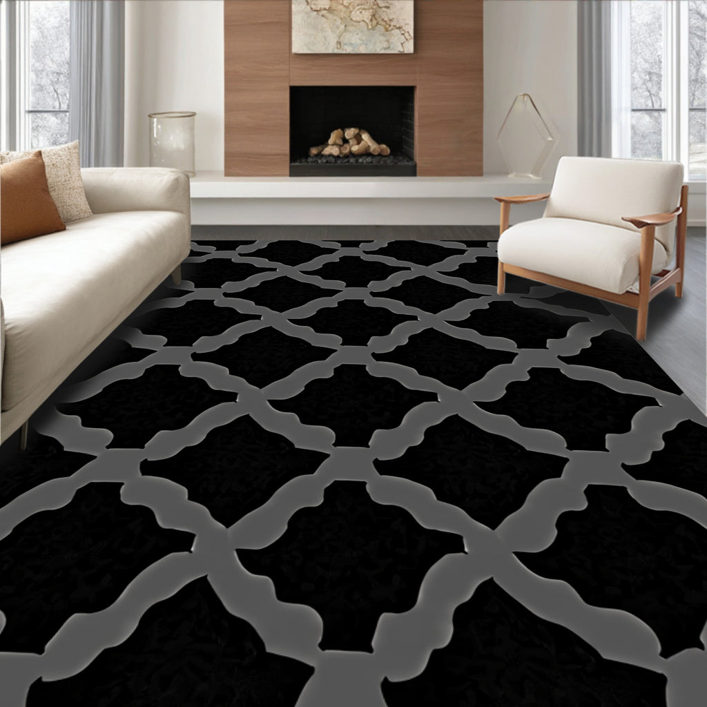 Black Gray Interlocking Geometric Pattern Rug