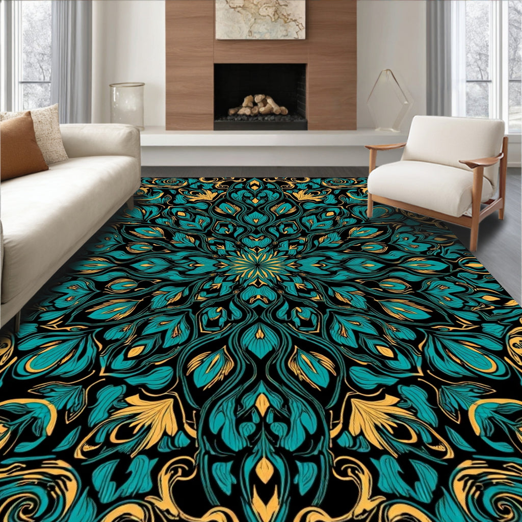 Intricate Teal Gold Floral Mandala Rug