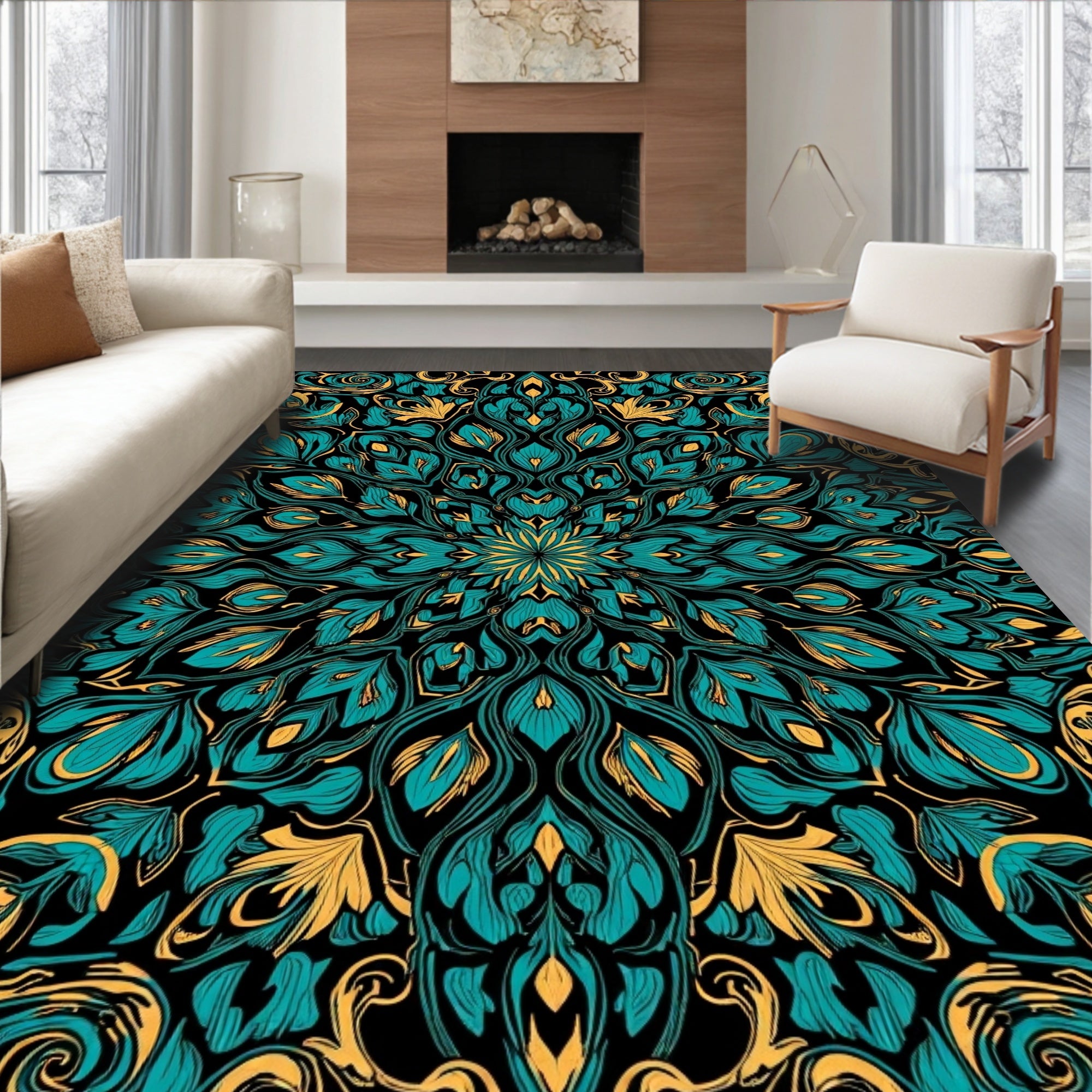 Intricate Teal Gold Floral Mandala Rug