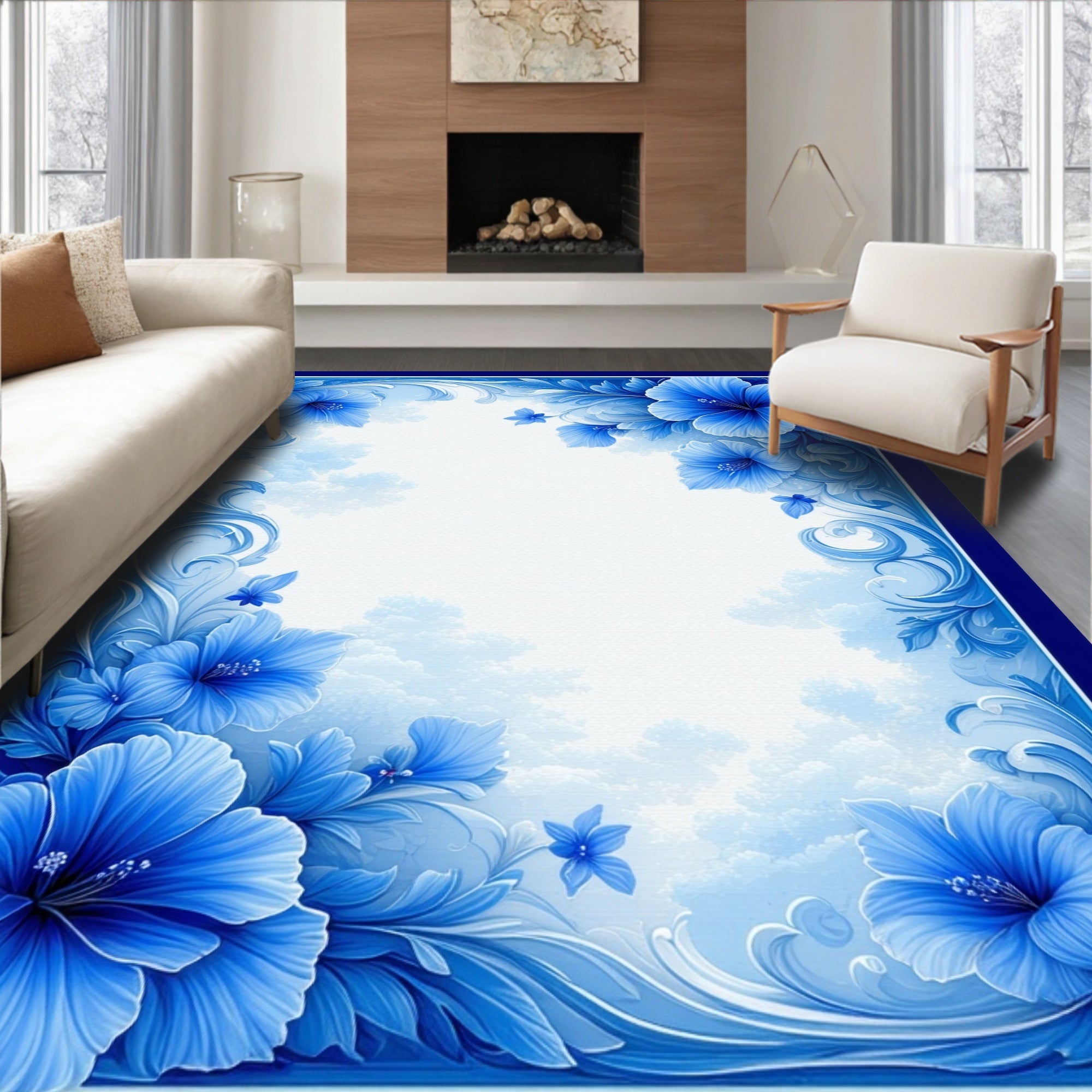 Blue Floral Swirls with Butterflies Pattern Rug