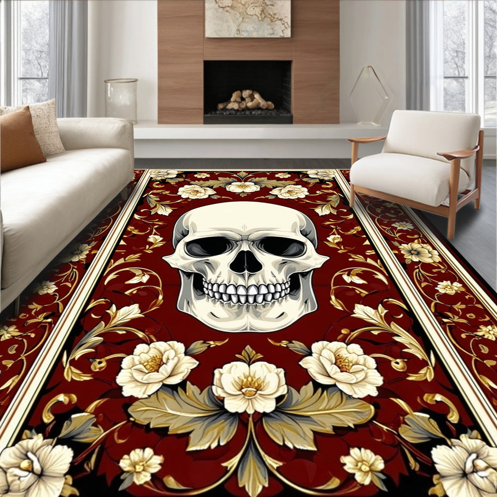 Gothic Skull Floral Botanical Design Rug
